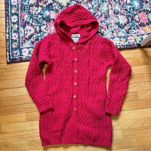 Aran Crafts Merino Wool Fisherman Cable Knit Hooded Button Front Sweater Womens